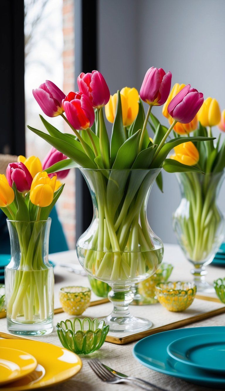 bouquet of tulips in the center of a dining table