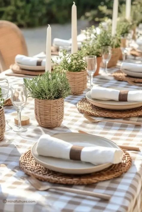 linen runners, ceramic dishes, glassware, and wooden elements as a decor for easter.