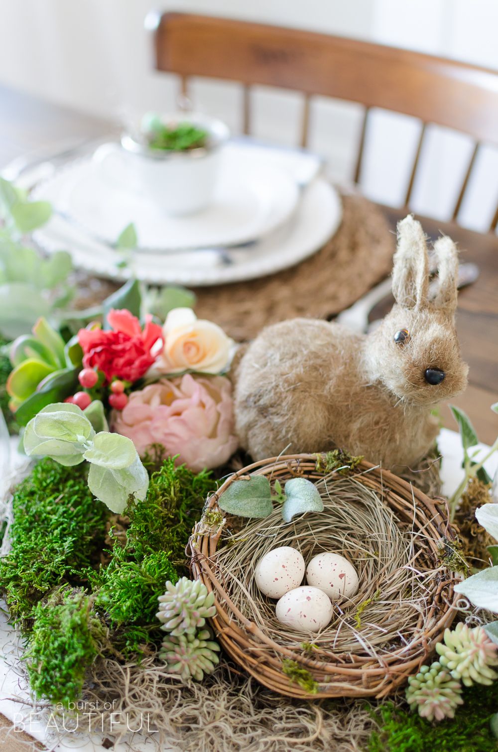 Moss used as a decor for easter table setting