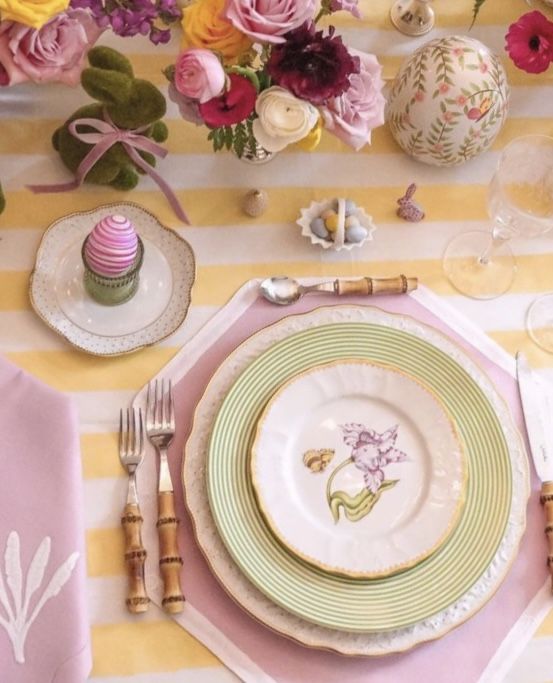 pastel-colored plates, glasses, or utensils to hint at Easter