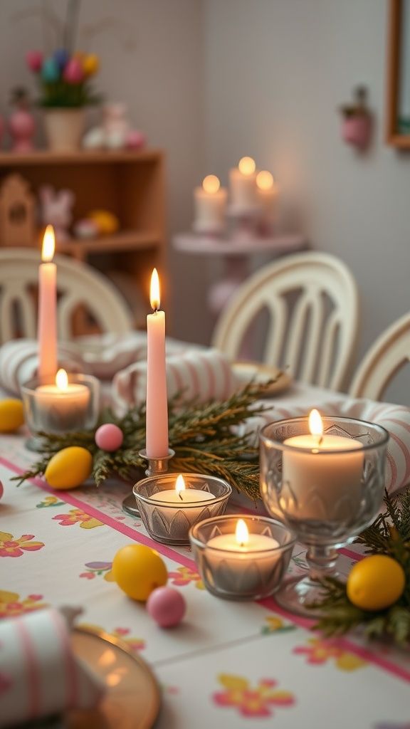 candle that is used as a decor on a dining table for easter.