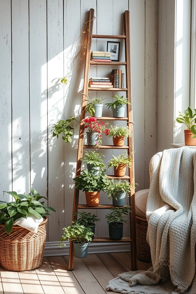 books on top of ladder
